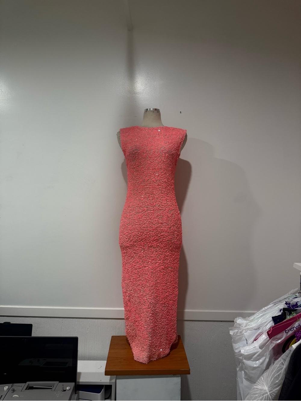 Sleeveless Coral Pink Textured Maxi Dress